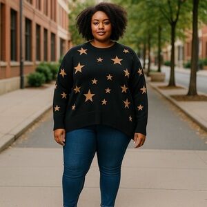 Como Vintage | Black Star Long Sleeve Sweater Plus Size Available